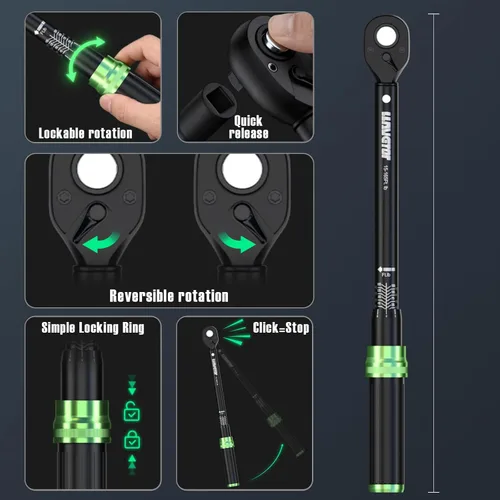 Miniatura 7 de Juego de llave dinamométrica, kit de 41 piezas con transmisión de 1/4, 3/8, 1/2, con zócalos y extensiones, precisión de ±3%, doble escala, acero