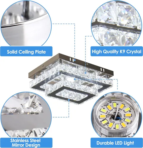 Miniatura 4 de Finktonglan Lámpara LED de techo empotrada de cristal, LED integrado de 24 W, luz blanca fría de 6500 K luz de día, cristal K9 rectangular y acero