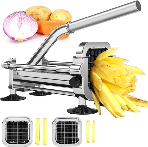 Cortador de patatas fritas, cortador de patatas de acero inoxidable con cuchillas de 1/2 pulgada y 3/8 pulgadas, cortador manual, hoja de 1/2 y 3/8