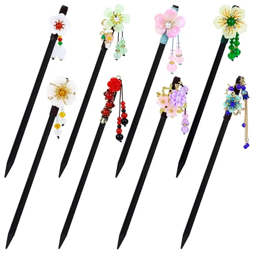 inSowni 8 piezas vintage retro asiático, japonés, chino, tradicional, Hanfu con flores de madera con colgantes de cuentas, horquillas para el