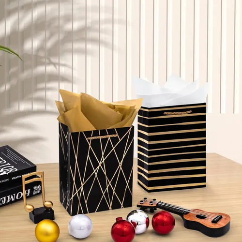 Miniatura 7 de Nihuecne Bolsas de regalo de tamaño mediano de 9 pulgadas con papel de seda, paquete de 4 bolsas de regalo de papel de envoltura de oro negro