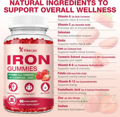 Miniatura 6 de Gomitas de suplemento de hierro, suplemento de hierro vegano para mujeres y hombres, sangre saludable, apoyo energético e inmunológico, sabor a