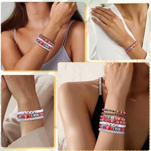 Miniatura 3 de Pulsera elástica de cuentas Surfer para mujer, juego de cuentas coloridas ajustables, pulseras Y2K con dije de corazón y estrella, para verano