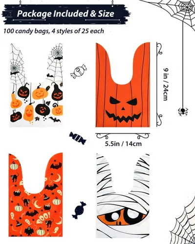 Miniatura 3 de Weenkilly 100 Bolsas de Golosinas de Halloween, 4 Estilos de Bolsas de Dulces para Niños, Linda Bolsa de Golosinas con Orejas de Conejo de Plástico
