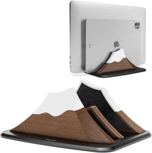 Miniatura 9 de AFOOYO Soporte vertical doble para laptop, soporte ajustable de madera en forma de pico de nieve, base de escritorio con 2 ranuras compatible