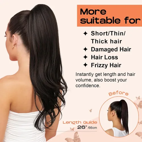 Miniatura 5 de SEIKEA Extensión de cola de caballo versátil con cordón, 26" de largo, cabello ondulado multicapa, clip para cola de caballo, extensiones de pelo