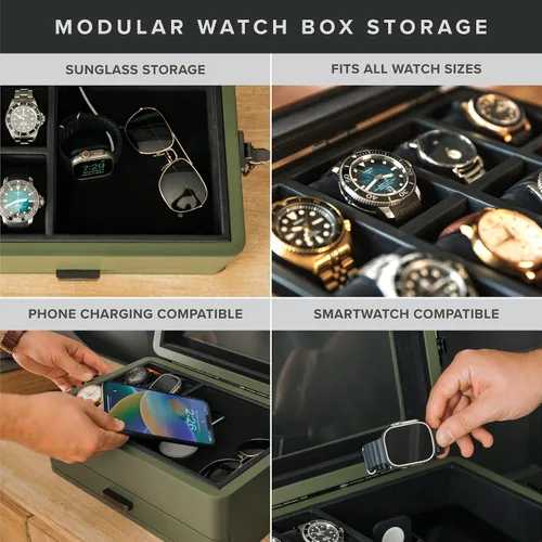 Miniatura 13 de CASE ELEGANCE Black Edition - Caja de reloj militar con 10 ranuras para hombres, parte superior de cristal real, bandeja modular de valet