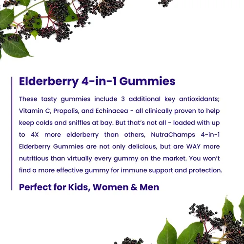 Miniatura 4 de NutraChamps Gomitas de saúco con vitamina C, propóleo y equinácea, vitaminas gomosas de apoyo del sistema inmunológico para adultos y niños, fuerza