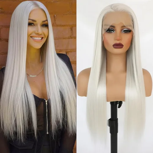Miniatura 10 de Peluca rubia sintética con encaje frontal, predepilada 613, peluca de cabello largo para mujer, peluca sedosa y recta con parte media sin pegamento