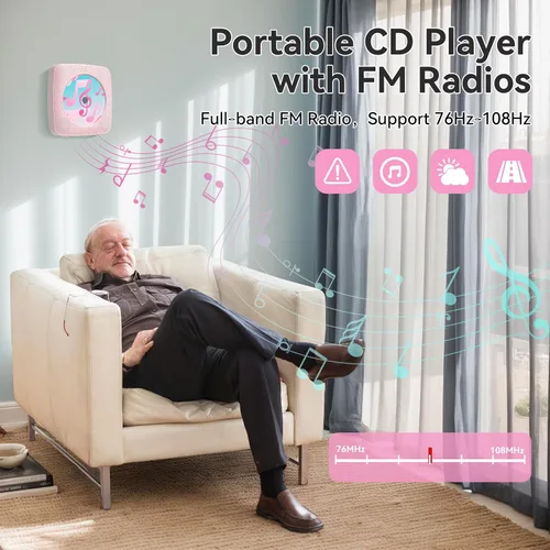 Miniatura 5 de Reproductor de CD portátil Bluetooth recargable: reproductores de CD para el hogar Kegaudio 1800mAh reproductor de CD de pared de escritorio con Rosa