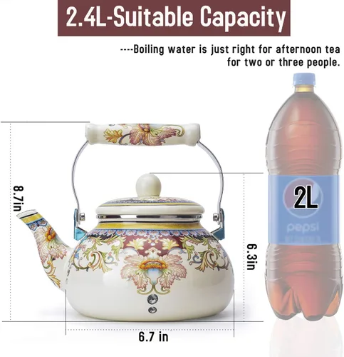 Miniatura 2 de Tetera de Esmalte Cerámico Floral Tetera para Estufa, Tetera Grande de Porcelana Esmaltada (blanco) (2.4L, blanco2)