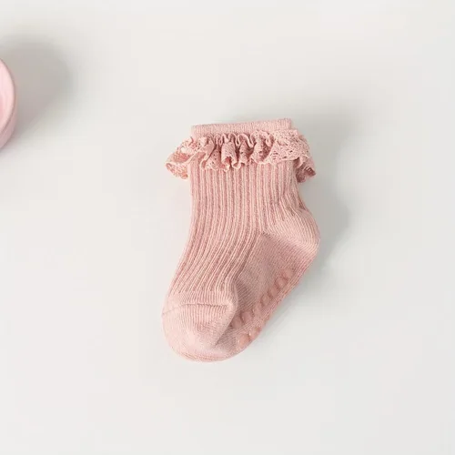 Miniatura 8 de 5 pares de calcetines antideslizantes antideslizantes para bebés y niñas pequeñas de encaje con rayas de flores