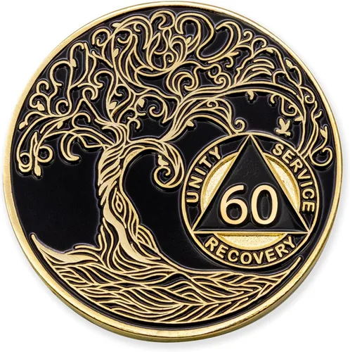 Miniatura 14 de 20 Year Sobriety Mint Twisted Tree of Life - Medallón de recuperación AA chapado en oro, fichas y fichas, color negro