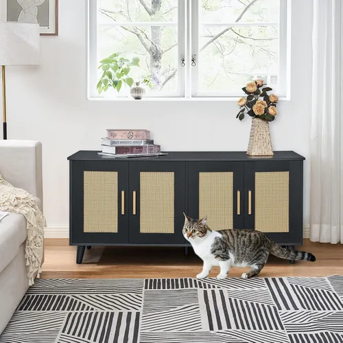 Miniatura 2 de Homhedy Caja de arena bohemia para gatos para 2 gatos, muebles de madera para baño de gatos con puertas decoradas de ratán doble, casa de mascotas