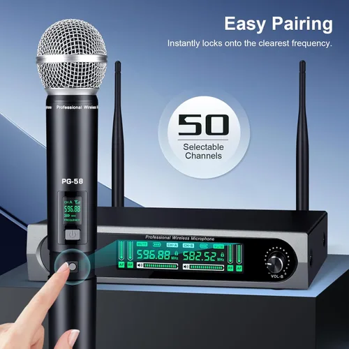 Miniatura 4 de Sistema de micrófono UHF inalámbrico, con 2 dispositivos de mano, escaneo automático, frecuencias UHF de 2 x 50, rango de 200 pies, micrófono