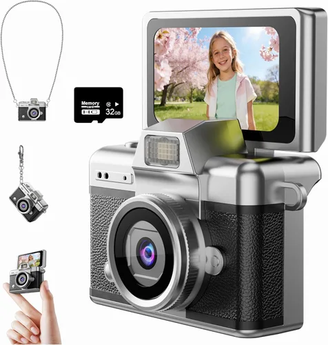 Mini cámara con llavero, cámara digital 1080P con LCD de 1.47 pulgadas, tarjeta TF de 32 GB incluida, cámara retro de tamaño bolsillo para niños y