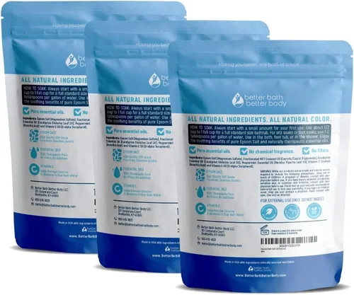 Miniatura 2 de Muscle Bath Salt (paquete de 3 con cuchara) para baño muscular con aceites esenciales puros en bolsa sin BPA con sello de cierre a presión