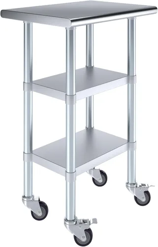 Miniatura 28 de AmGood Mesa de trabajo de acero inoxidable con 2 estantes y ruedas Mesa de trabajo de metal con ruedas