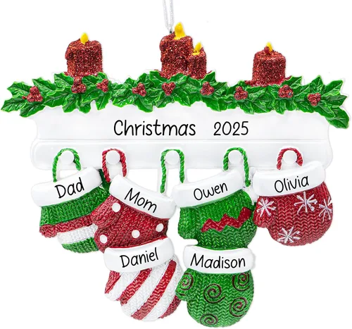 Adorno de Navidad personalizado para familia de 6 miembros 2026 | Manoplas con velas con purpurina en la decoración del árbol de Navidad del manto,