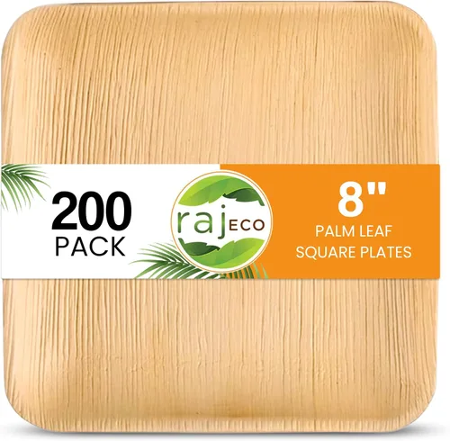 Raj Platos ecológicos compostables de hoja de palma como platos de bambú desechables, platos cuadrados de 8 pulgadas, 200 platos, de madera natural,