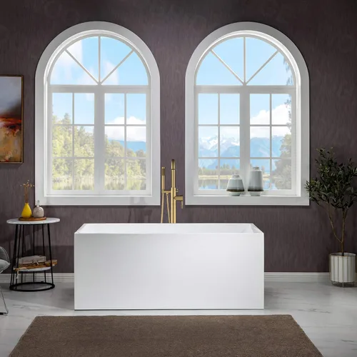 Miniatura 2 de WOODBRIDGE Bañera de acrílico independiente de 67 pulgadas, bañera blanca de remojo contemporáneo con desbordamiento y drenaje de oro cepillado