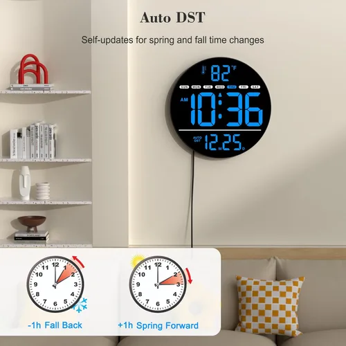 Miniatura 4 de WallarGe Reloj de pared digital grande con pantalla LED, reloj de pared eléctrico con temperatura, DST automático, fecha y día, brillo de 5 niveles