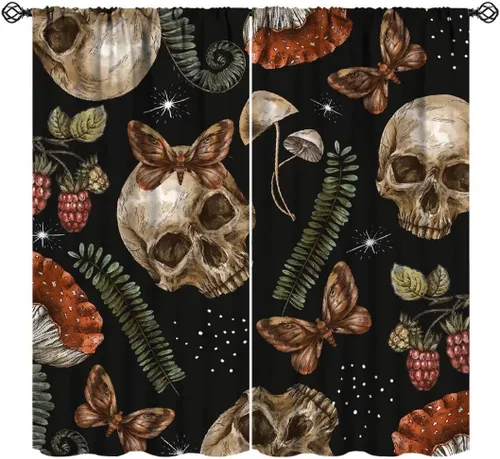 Miniatura 12 de Divertidas cortinas opacas de calavera de azúcar, cementerio del día de los muertos, diseño floral de México, telón de fondo negro, cortinas