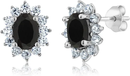 Miniatura 245 de Gem Stone King Aretes ovalados de plata de ley 925 de 0.276 x 0.197 in con piedra natal de la princesa Diana, estilo halo real para mujeres