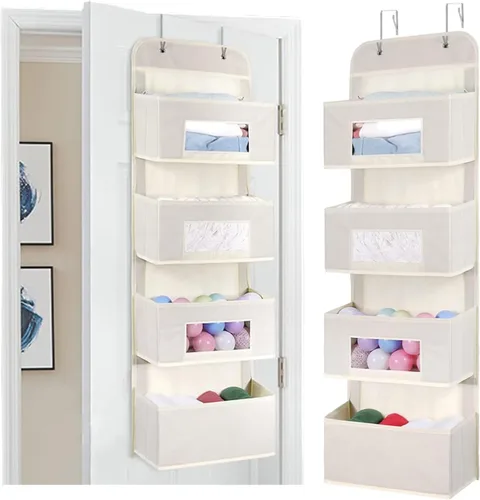 Miniatura 9 de MAX Houser Organizador para colgar sobre la puerta con 4 estantes y 2 ganchos de metal, organizador de almacenamiento de pared con 4 bolsillos sobre