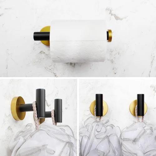 Miniatura 2 de Juego de accesorios de baño de 3 piezas, color negro y dorado, para montar en la pared, incluye soporte para papel higiénico, 2 ganchos para toallas