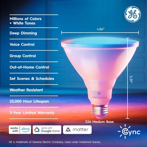 Miniatura 3 de GE Cync PAR38 Bombilla LED inteligente, reflector de exterior que cambia de color, compatible con Alexa y Google Home (paquete de 4)