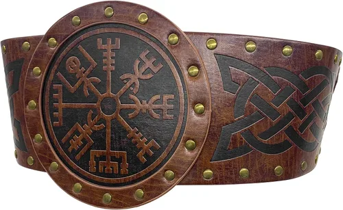 Miniatura 3 de HiiFeuer Viking Cinturón ancho en relieve cinturón nórdico de piel sintética con corsé de caballero disfraz LARP de Halloween
