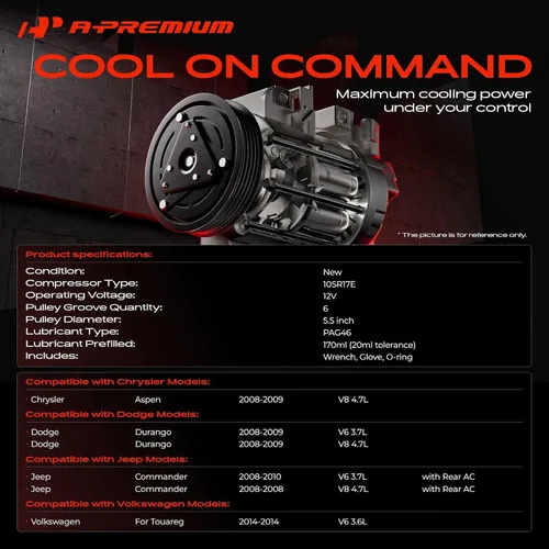 Miniatura 2 de A-Premium Compresor de aire acondicionado con embrague compatible con Chrysler Aspen, Dodge Durango, Jeep Commander, Volkswagen Touareg