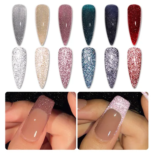 Miniatura 9 de GAOY Juego de esmalte de uñas de gel con brillantina reflectante de 6 colores, incluye colores rosa, plateado, rojo, verde, kit de esmalte de gel
