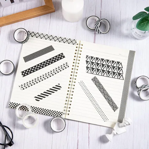 Miniatura 5 de Whaline 10 rollos de cintas Washi de color blanco y negro a cuadros, rayas, estrellas, Washi, cinta adhesiva decorativa de patrón geométrico surtido