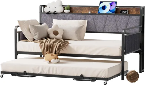 Miniatura 9 de Sofá cama individual con nido, moderno sofá cama individual, marco de cama de metal resistente con cabecera tapizada para sala de estar, dormitorio