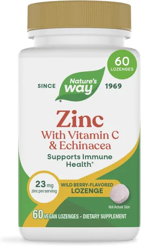 Pastillas de Zinc de Nature's Way con Vitamina C y Equinácea, Suplementos de Zinc para Hombres y Mujeres, Apoyo Inmunológico*, Sabor a Bayas