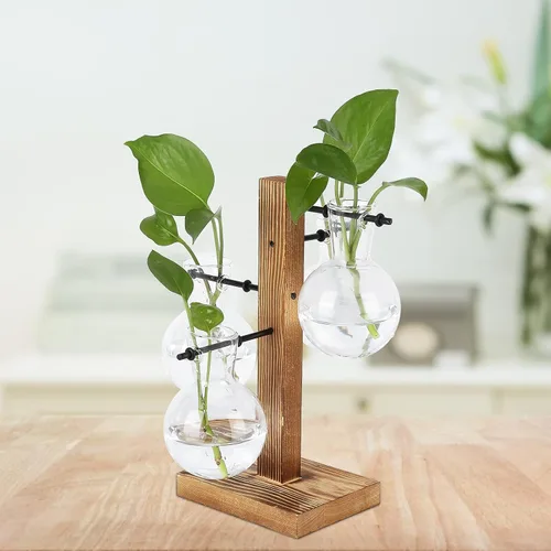 Miniatura 5 de Asixxsix Terrarios de plantas con soporte de madera, soporte retro para macetas hidropónicas de escritorio con 4 bombillas para propagar plantas