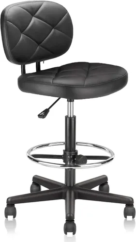 Miniatura 11 de KLASIKA Taburete alto con ruedas de dibujo con soporte de respaldo bajo y anillos ajustables para reposapiés, juego de 2 sillas de escritorio negro