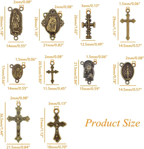 Miniatura 3 de 50 piezas Dijes de Cruz y Centro de Rosario Medalla Milagrosa Colgantes de Crucifijo de Jesús Tibetano Eslabones de Araña Ovalados de Virgen María