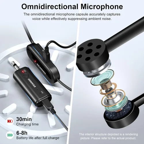 Miniatura 6 de Aokeo Auriculares de micrófono inalámbrico, sistema de micrófono inalámbrico UHF, rango de 160 pies