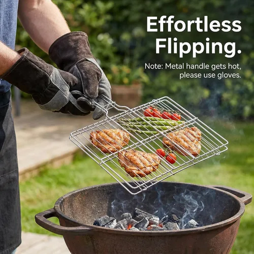 Miniatura 8 de Cesta de acero inoxidable para barbacoa al aire libre, rejilla de parrilla con cerradura resistente para pescado, verduras, carne, camarones, carne