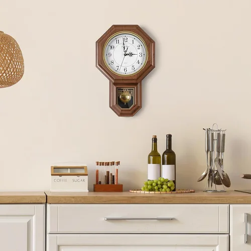 Miniatura 5 de Reloj de pared de péndulo que funciona con pilas, reloj regulador de plástico de imitación de madera con péndulo, relojes de pared decorativos