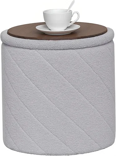 Miniatura 13 de B FSOBEIIALEO Otomana con almacenamiento, Otomana redonda de bouclé con bandeja, taburete reposapiés para dormitorio, sala de estar, blanco, 32,99