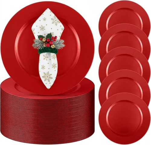 Miniatura 28 de Tanlade 50 Platos Base Plateados al Por Mayor, Plato Base Redondo de Plástico de 13", Platos Base Brillantes Plateados para Mesa, Platos de Servicio