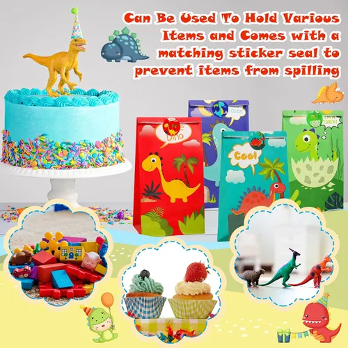Miniatura 6 de Containlol Paquete de 30 bolsas de regalo para fiesta de dinosaurios, bolsa de dulces de dinosaurio pequeño con calcomanías a juego, suministros