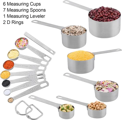 Miniatura 2 de Juego de 14 tazas y cucharas medidoras de acero inoxidable 18/8 para hornear y cocina, medida métrica y estadounidense, 6 tazas y 7 cucharas con B