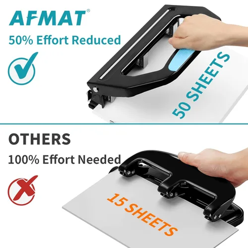 Miniatura 3 de AFMAT Perforador de 3 Agujeros de Alta Resistencia, Agujeros de 9/32", Perforador de 50 Hojas de 3 Anillos, 50% Menos Esfuerzo, Perforador Ajustable