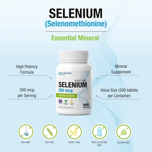 Miniatura 4 de Puregen Labs Selenio 200 mcg Mineral esencial sin levadura – 500 tabletas vegetarianas Apoyo inmunológico y antioxidante Sin OMG, sin gluten