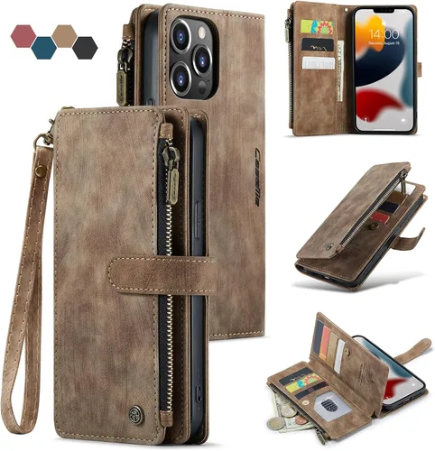 Funda compatible con iPhone 13 Pro Max 5G con tarjetero y función atril magnético, con cremallera, bolsillo, correa de muñeca, funda de cuero con